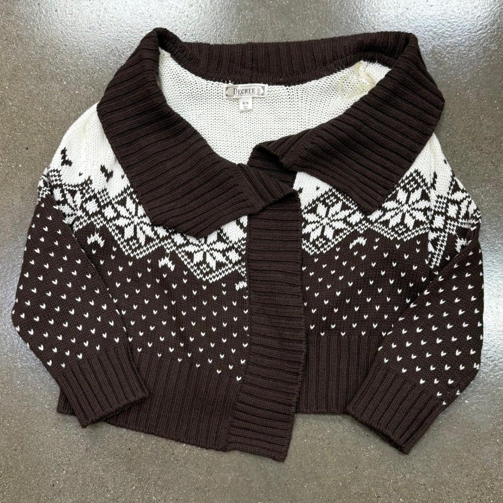 Decree Brown White Fair Isle Snowflake Cropped Open Front Cardigan Sweater M